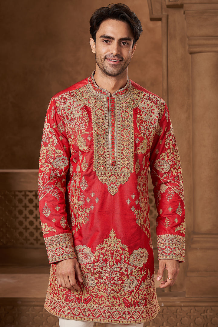 Red Chanderi Mirror Work Kurta Set