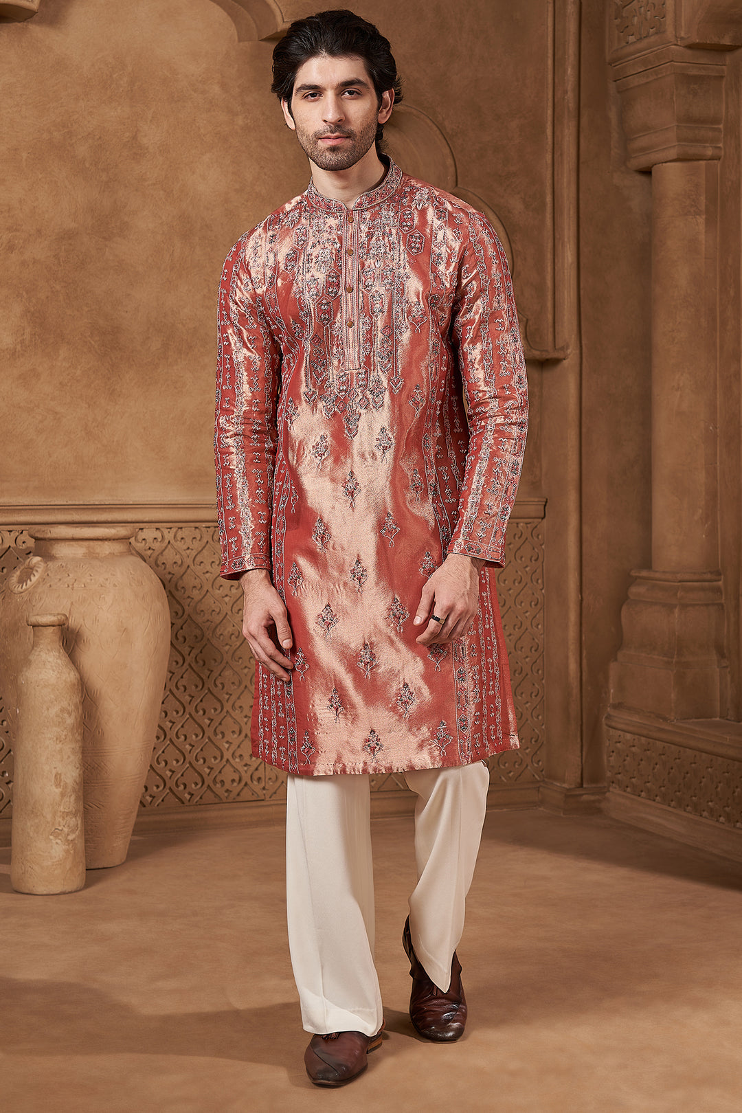 Rose Pink Banarasi Tissue Kurta Set
