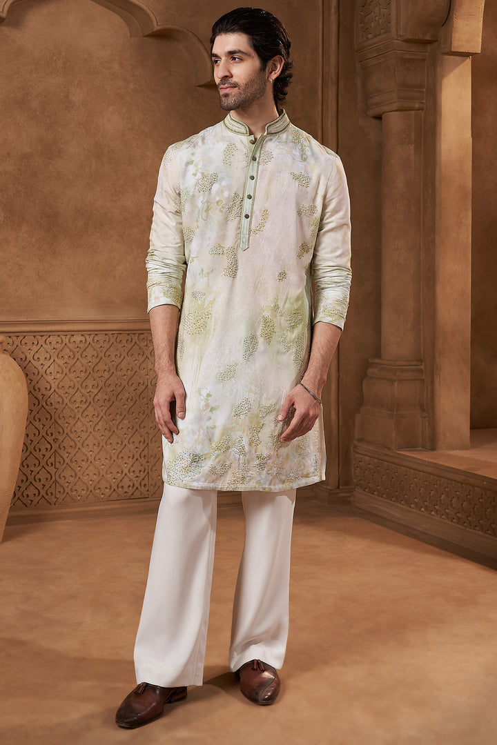 Sage Green Linen Satin Abstract Kurta Set