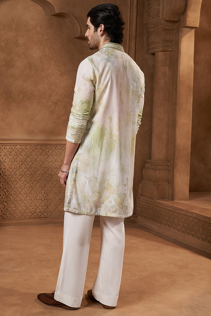 Sage Green Linen Satin Abstract Kurta Set