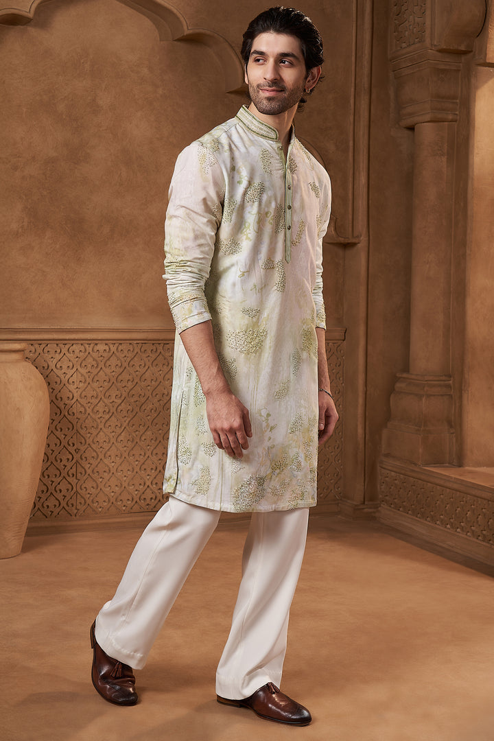 Sage Green Linen Satin Abstract Kurta Set