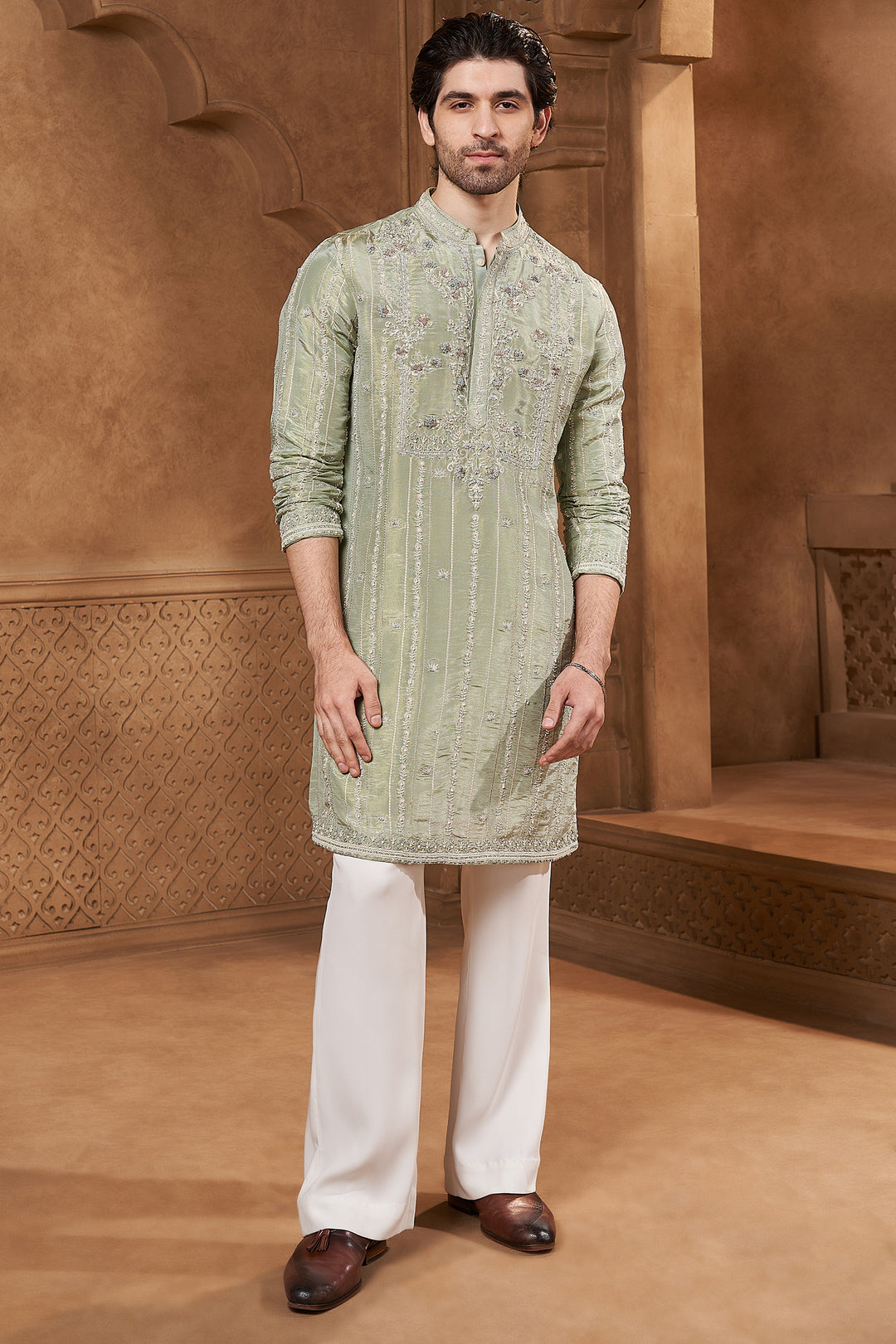 Sage Green Tissue Geometric Kurta Set
