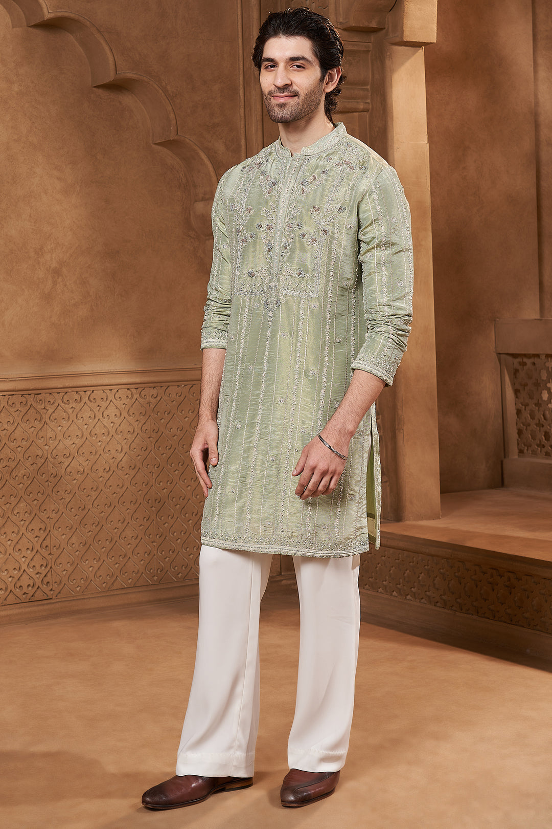 Sage Green Tissue Geometric Kurta Set