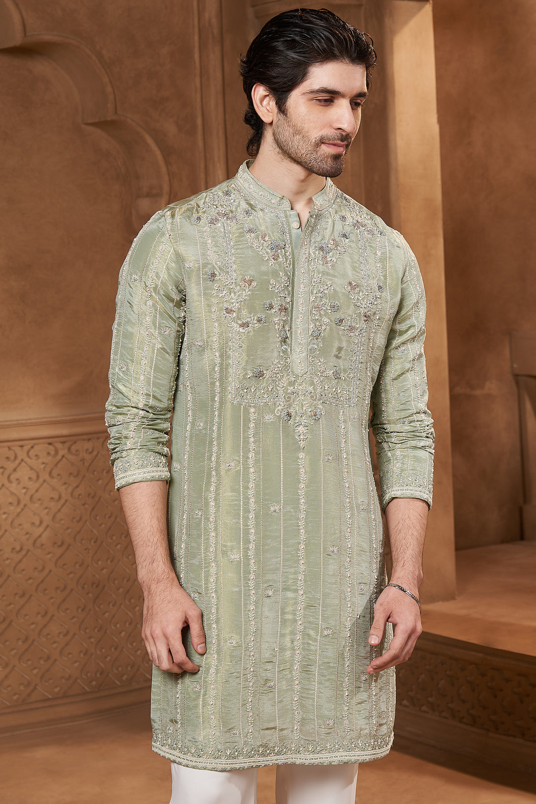 Sage Green Tissue Geometric Kurta Set