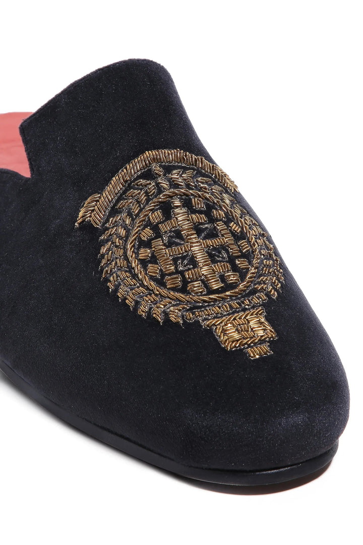 Royal Crest Noir Velvet Mules - Asuka Couture