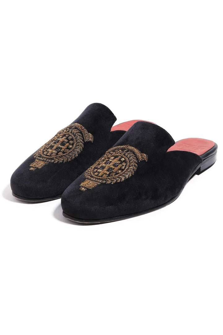 Royal Crest Noir Velvet Mules - Asuka Couture