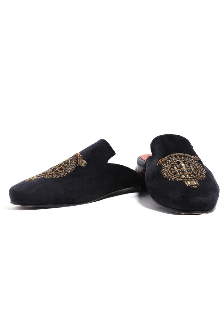Royal Crest Noir Velvet Mules - Asuka Couture