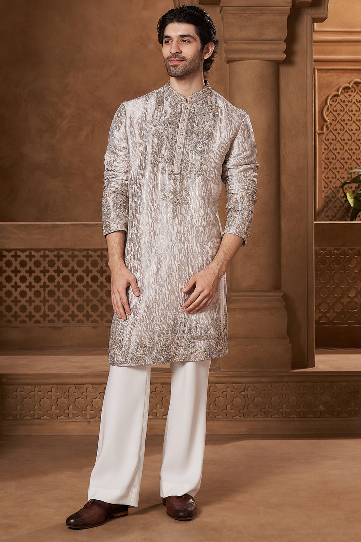 Silver Grey Georgette Zardozi Yoke Kurta Set