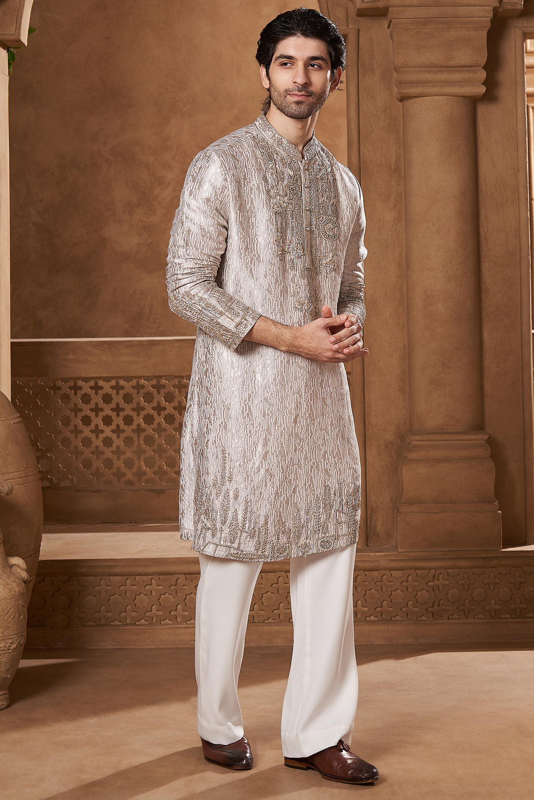Silver Grey Georgette Zardozi Yoke Kurta Set