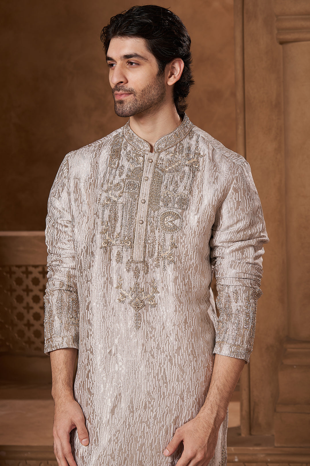 Silver Grey Georgette Zardozi Yoke Kurta Set