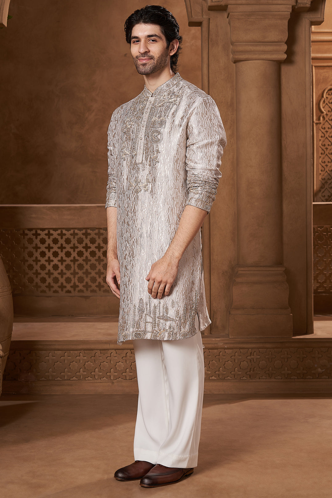 Silver Grey Georgette Zardozi Yoke Kurta Set