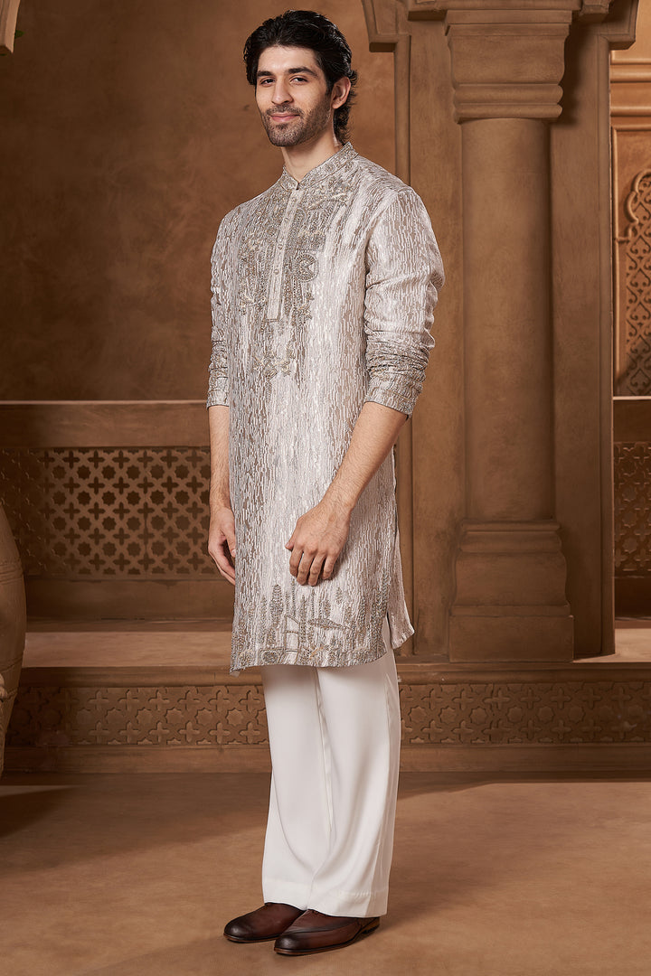 Silver Grey Georgette Zardozi Yoke Kurta Set