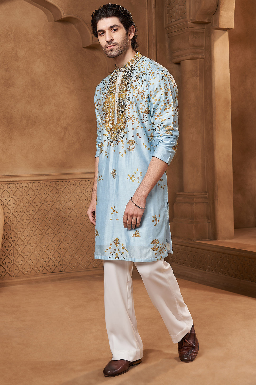 Sky Blue Chanderi Appliqué Kurta Set