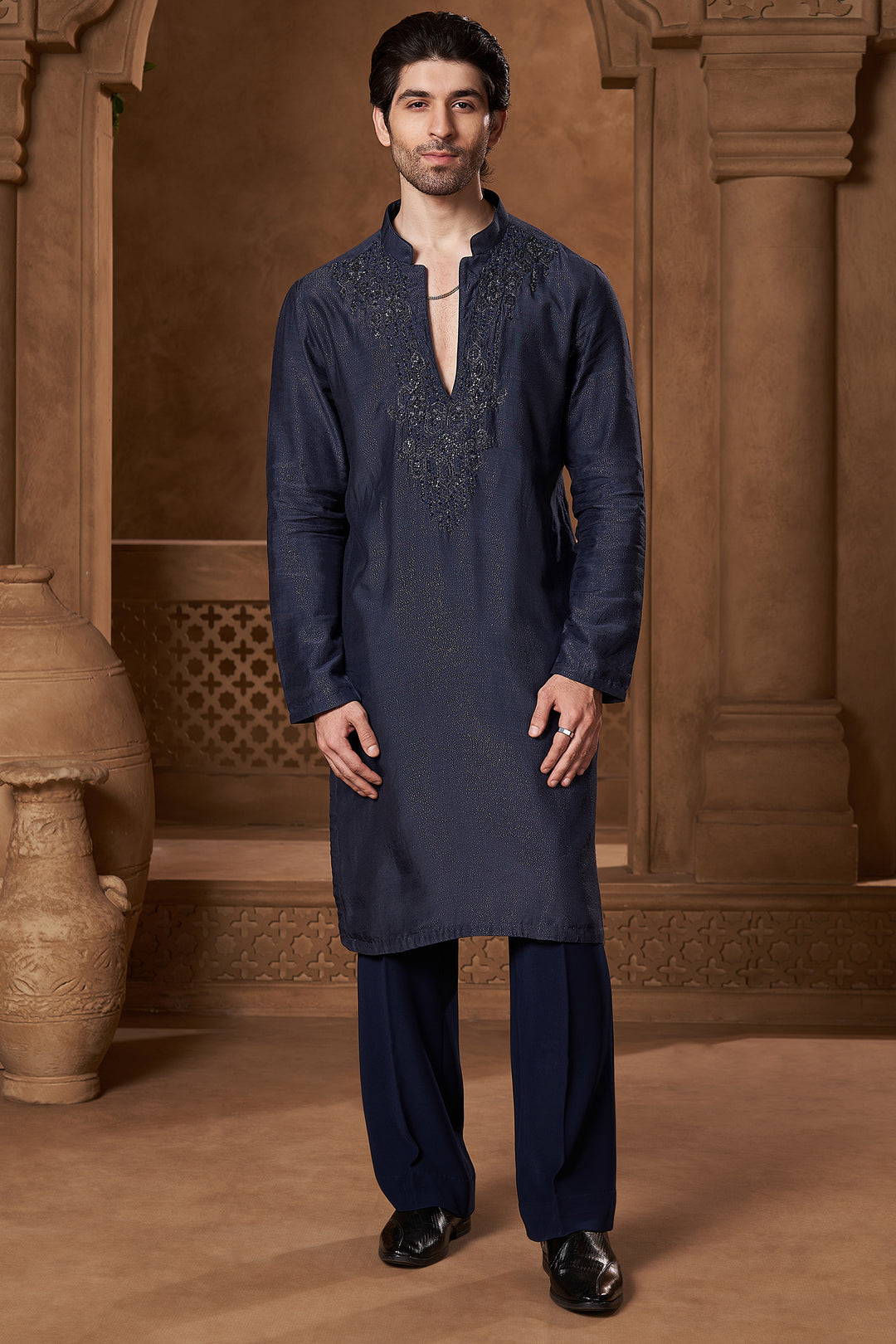 Slate Blue Shimmer V-Neck Kurta Set