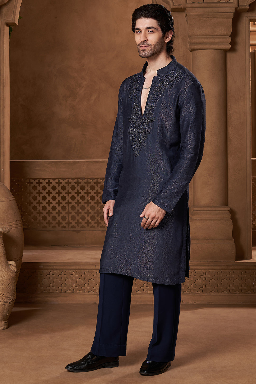 Slate Blue Shimmer V-Neck Kurta Set