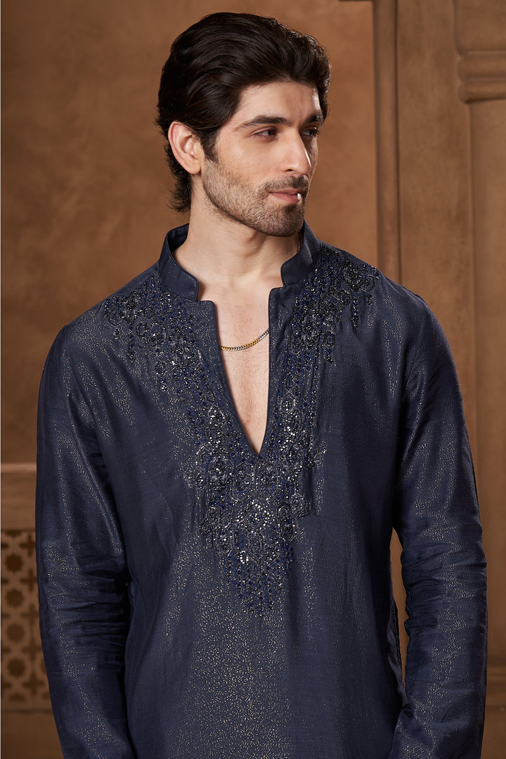 Slate Blue Shimmer V-Neck Kurta Set