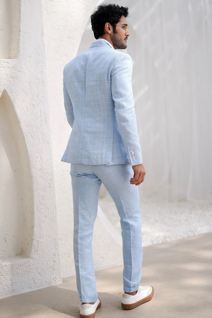 Powder Blue Windowpane Check Blazer Set - Asuka Couture