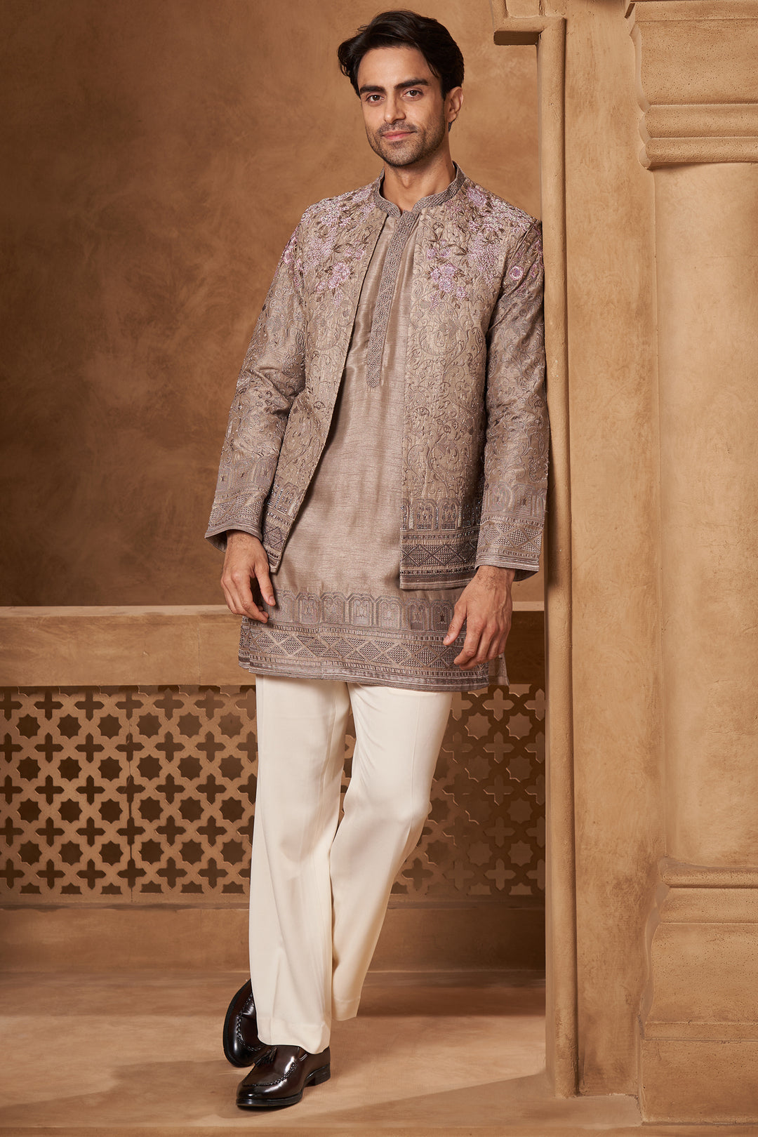Taupe Raw Silk Open Bundi Set