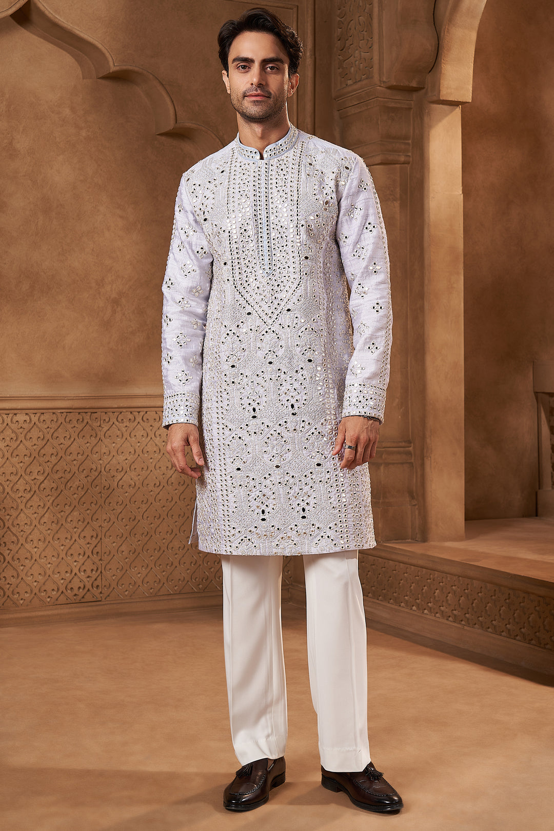White Raw Silk Mirror Work Kurta Set