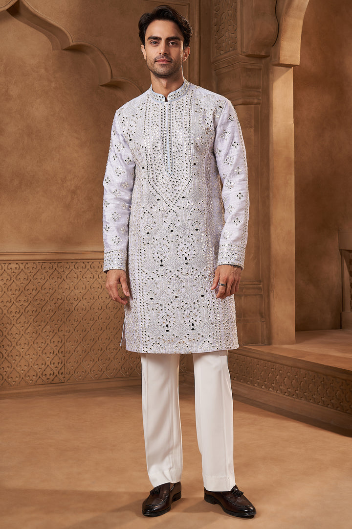 White Raw Silk Mirror Work Kurta Set