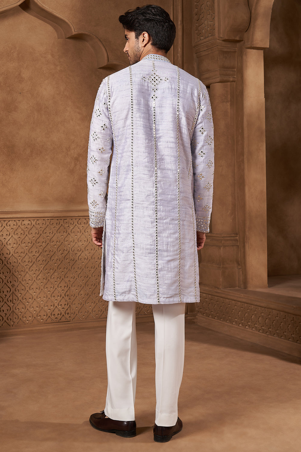 White Raw Silk Mirror Work Kurta Set