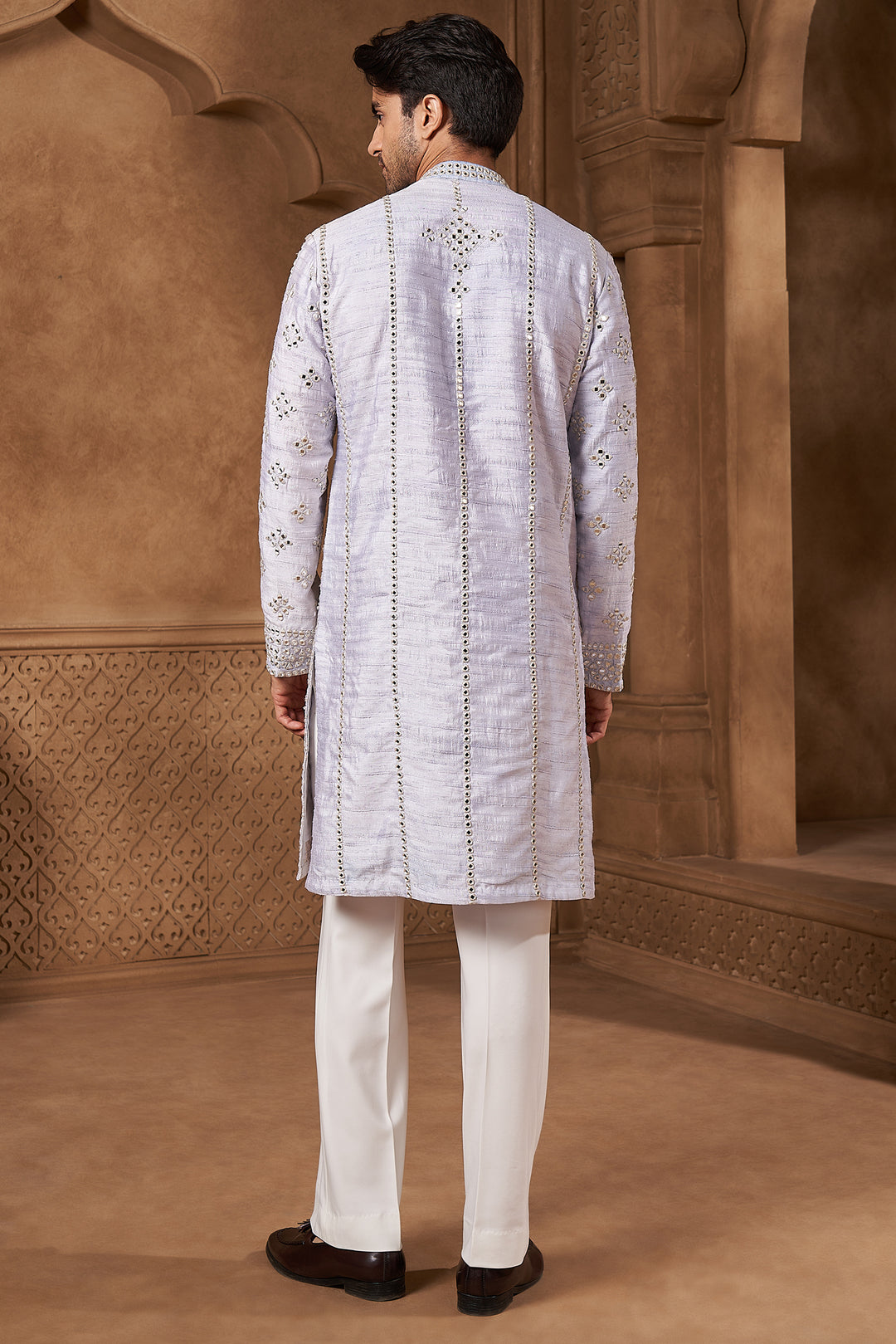 White Raw Silk Mirror Work Kurta Set