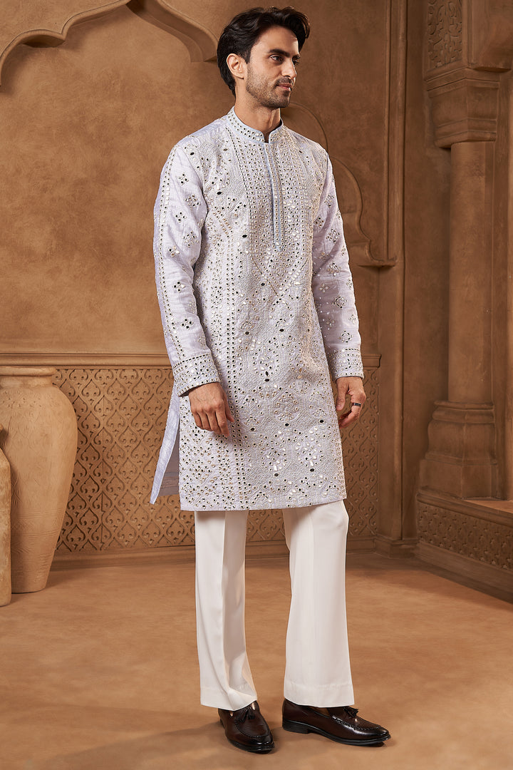 White Raw Silk Mirror Work Kurta Set