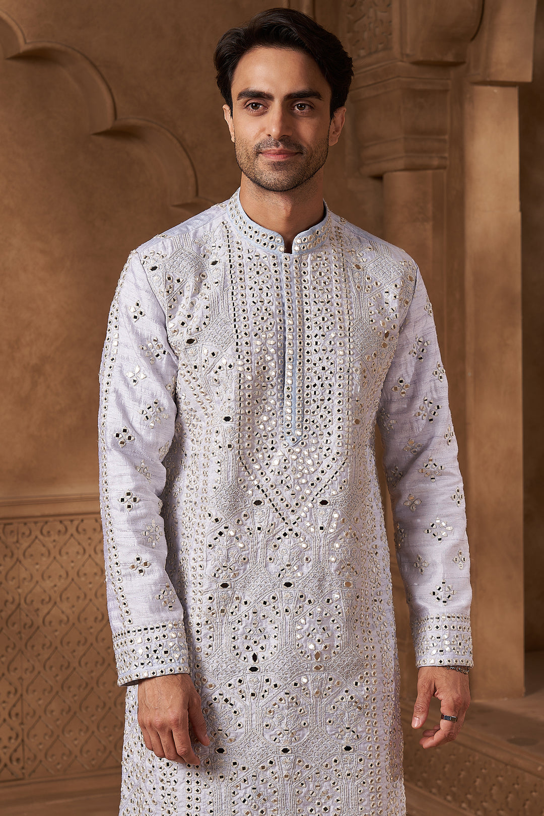 White Raw Silk Mirror Work Kurta Set