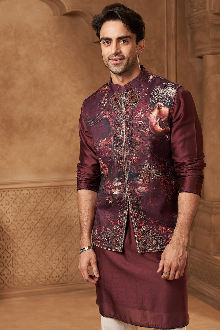 Wine Raw Silk Ganesha Art Bundi Set