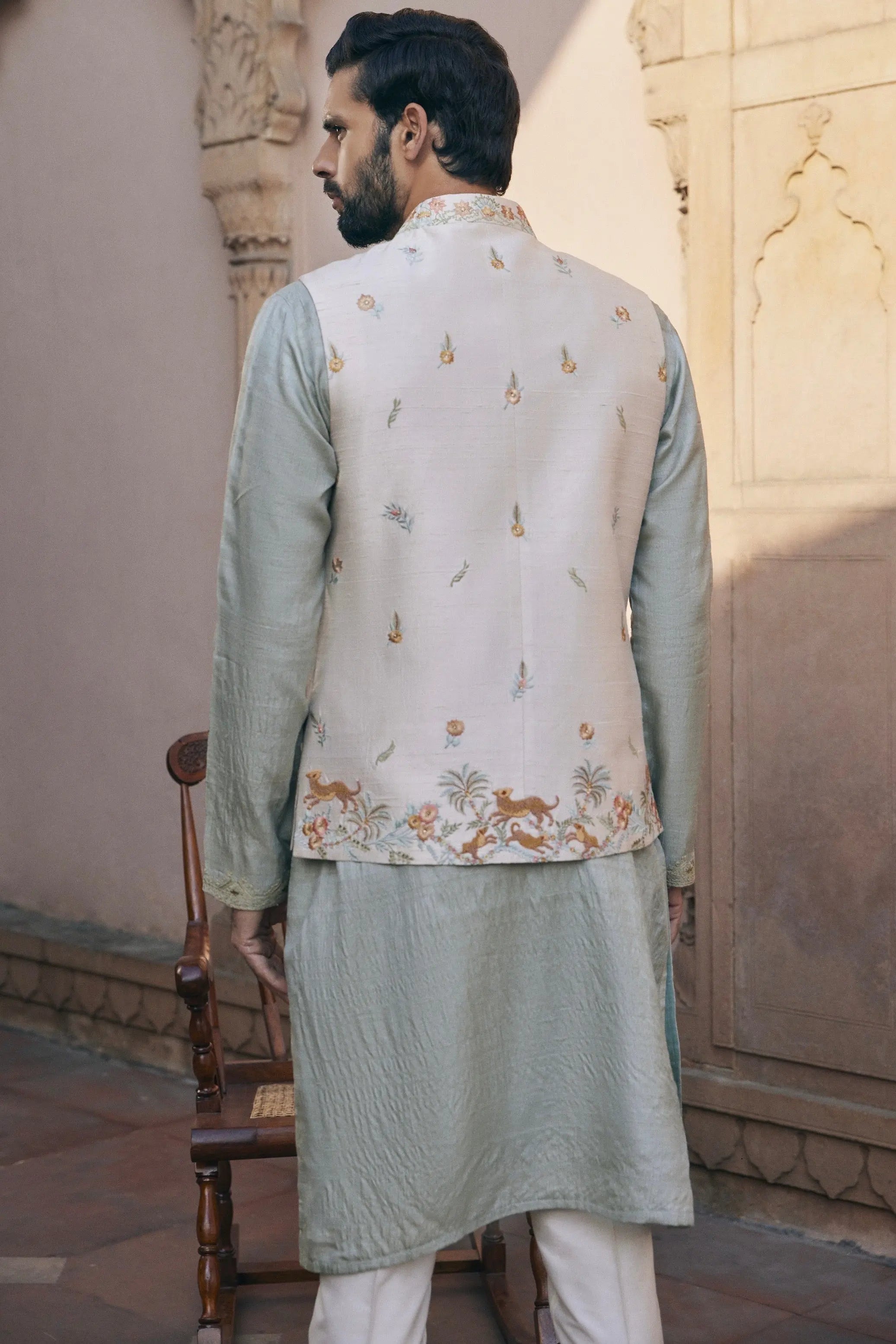 Green Silk Embroidered Bundi Set