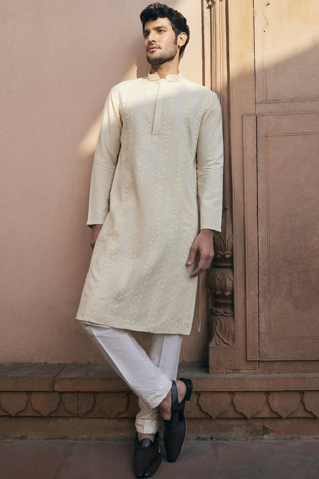 Beige Dori Embroidery Chanderi Silk Kurta