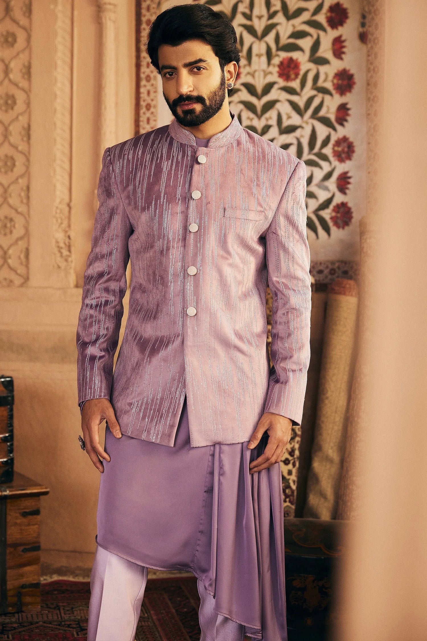 Purple Velvet Sequins Embroidered Bandhgala