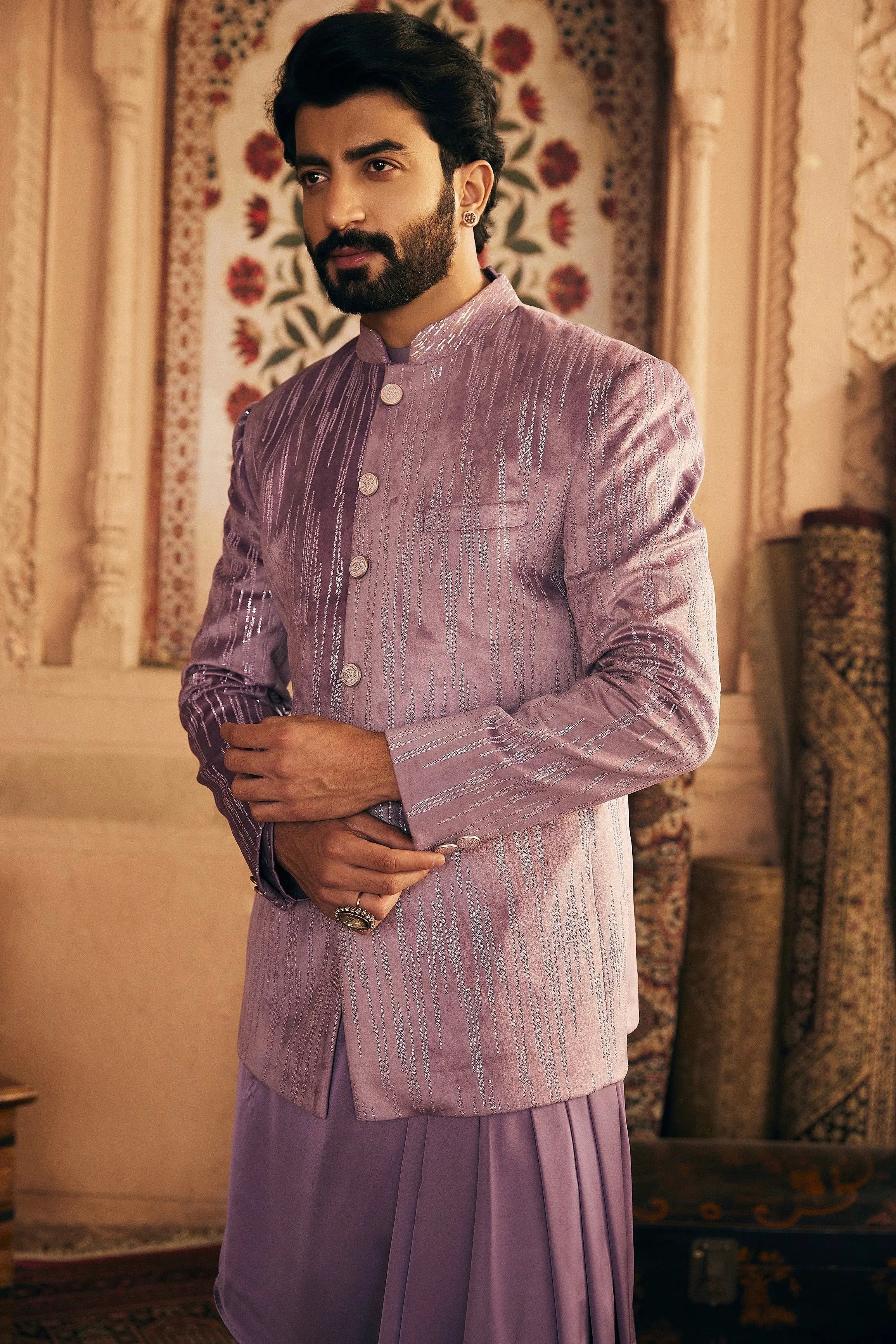 Purple Velvet Sequins Embroidered Bandhgala