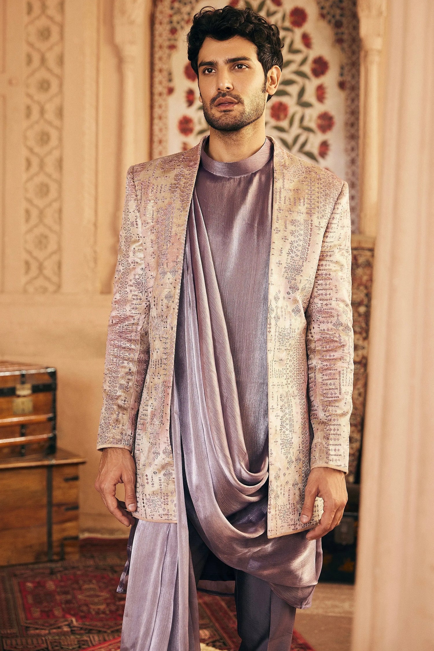 Purple Resham Embroidery Bandhgala with Draped Kurta