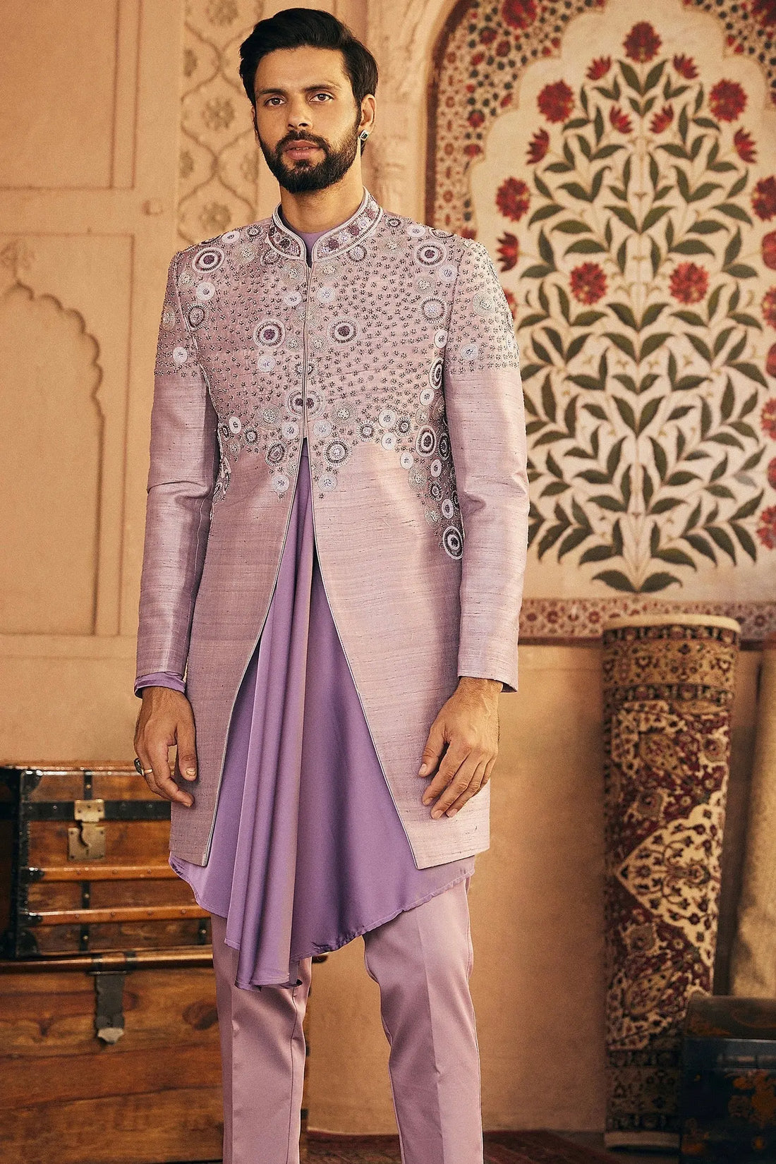 Lilac Embroidered Raw Silk Indowestern  Set