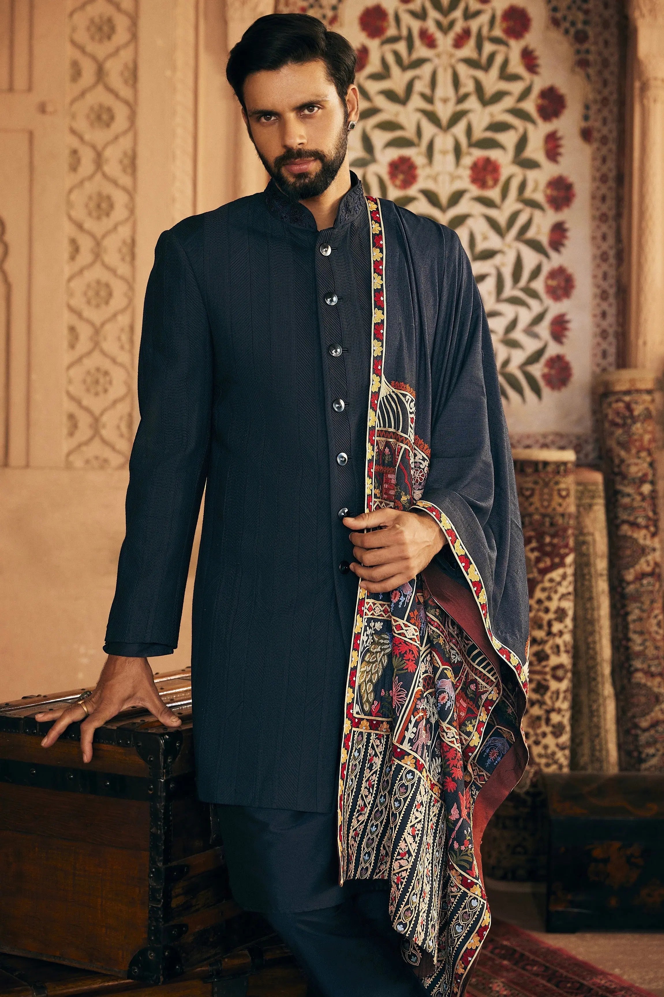 Hand-Picked Stitch: Navy Blue Indowestern with Patchwork Pintuck