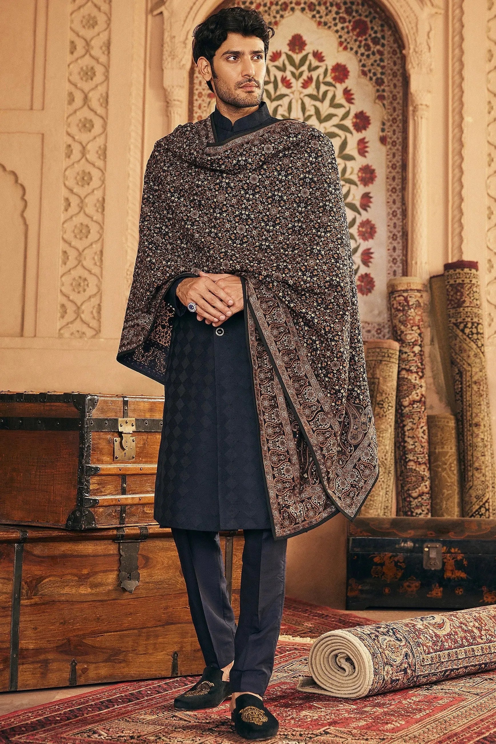 Classic Navy Blue Kashmiri Resham Embroidery Sherwani