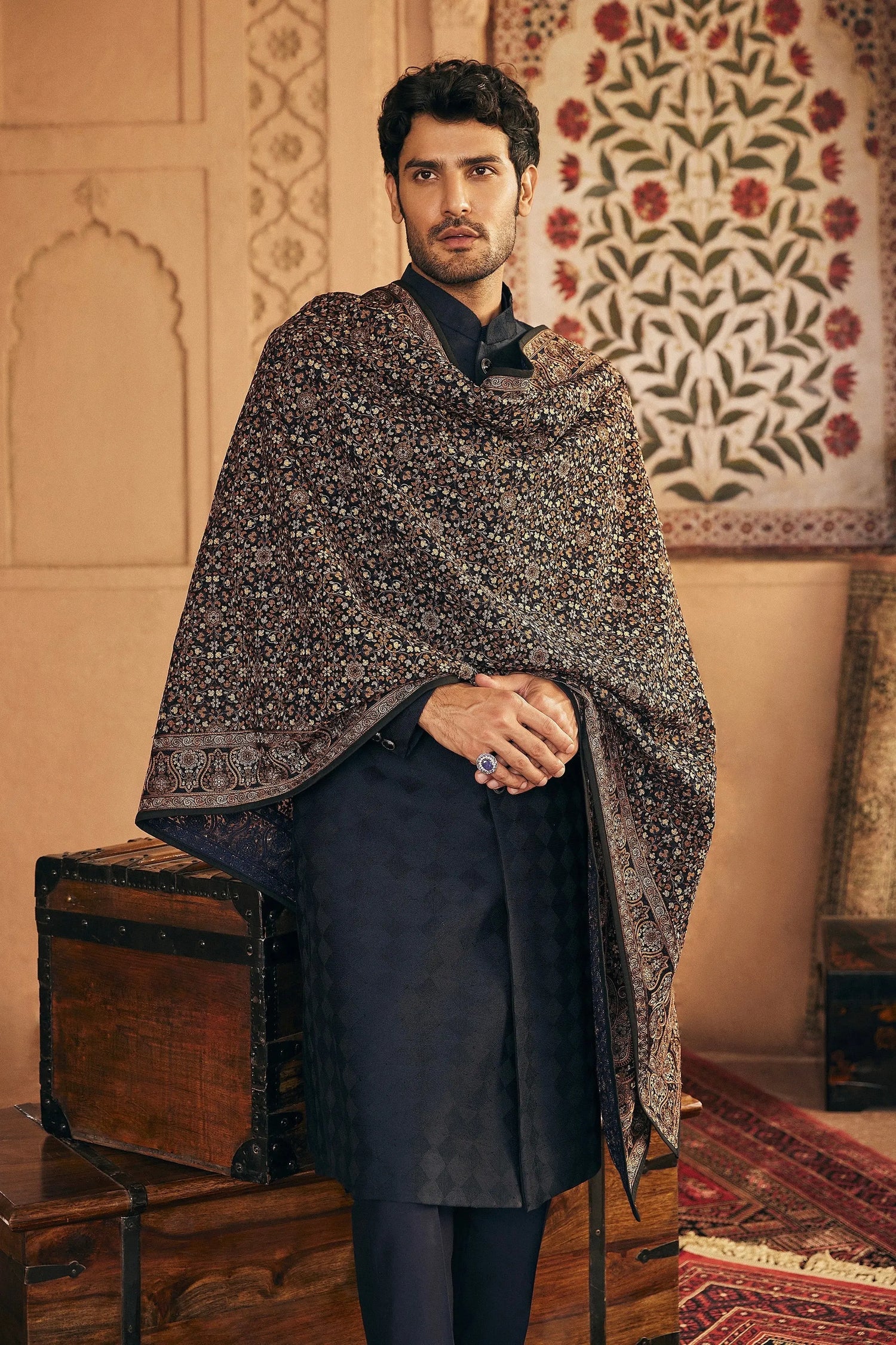 Classic Navy Blue Kashmiri Resham Embroidery Sherwani