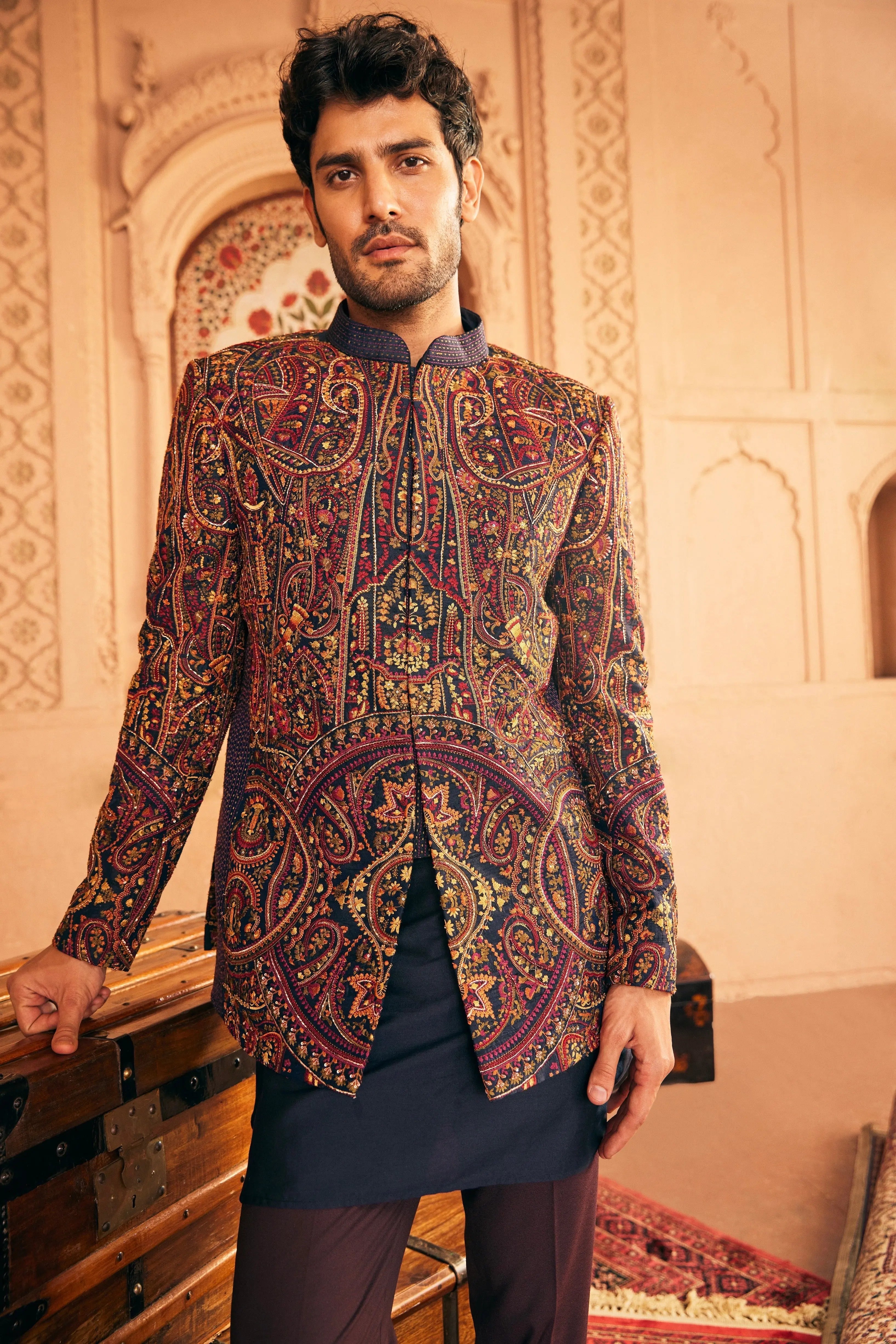 Navy Bandhgala with Multi Colored Embroidery
