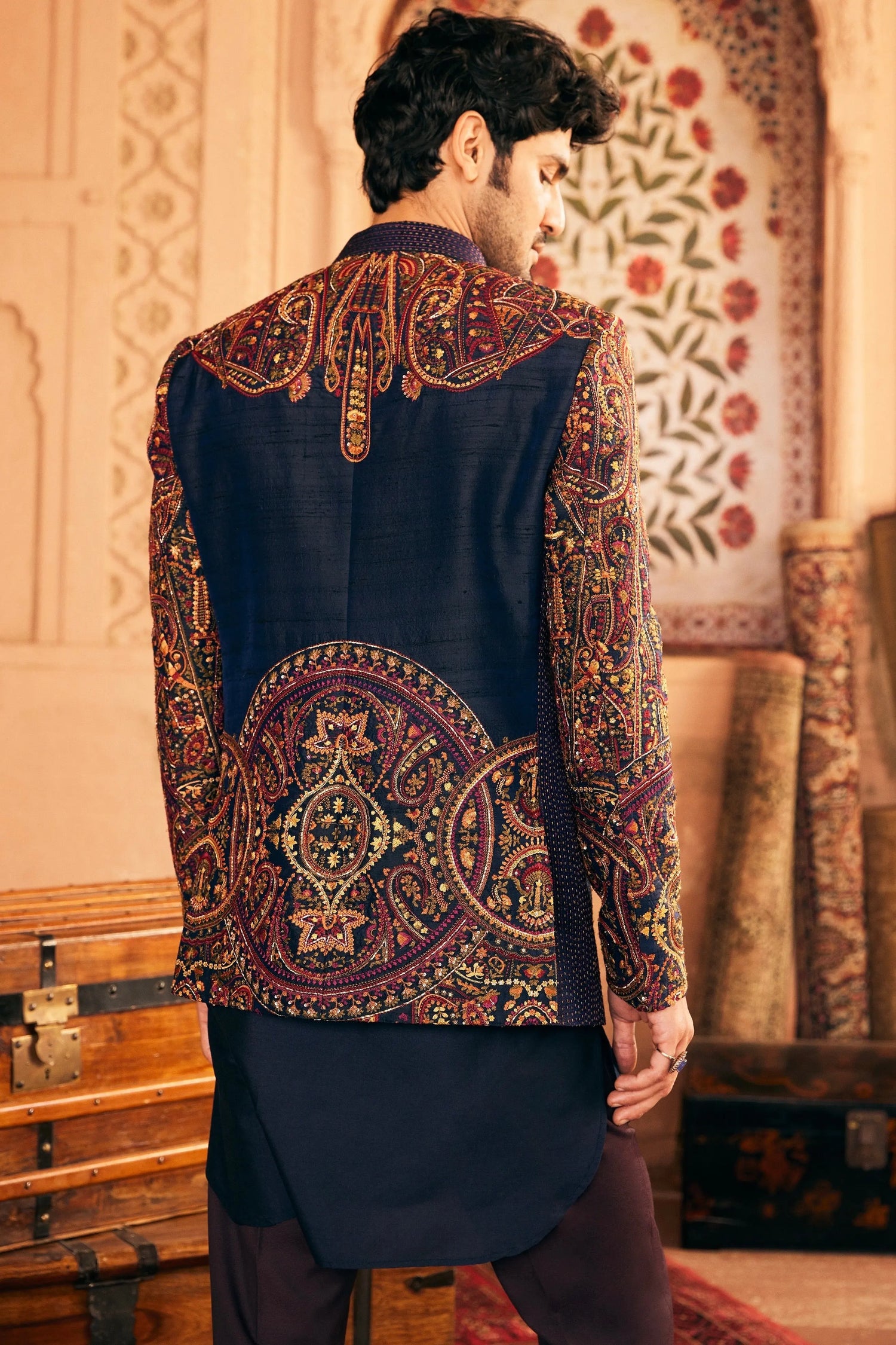 Navy Bandhgala with Multi Colored Embroidery