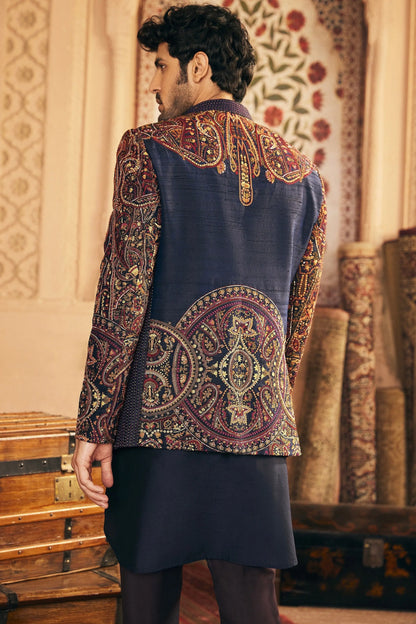 Navy Bandhgala with Multi Colored Embroidery