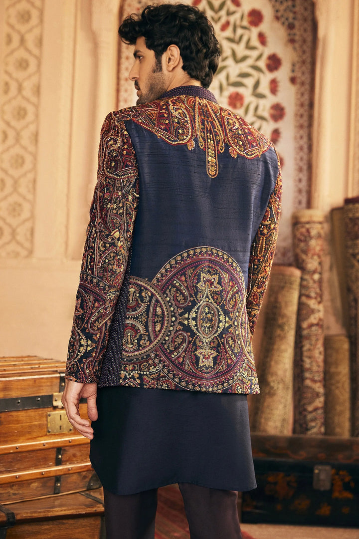 Navy Bandhgala with Multi Colored Embroidery - Asuka Couture