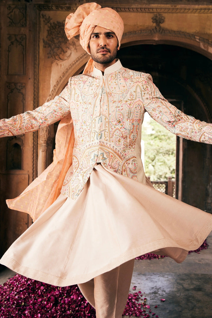 Cream Bandhgala with Multi Colored Embroidery - Asuka Couture