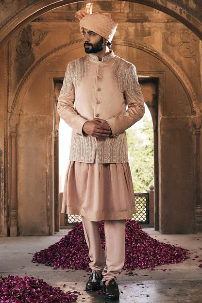 Beige Embroidered Bandhgala with Anarkali Kurta