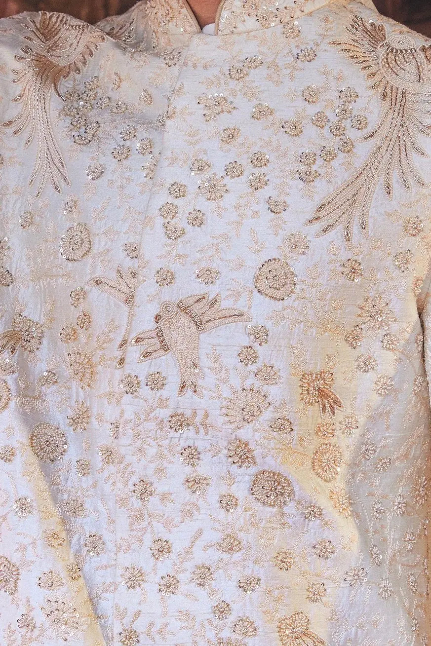 Cream Moti and Sequins Embroidered Sherwani - Asuka Couture
