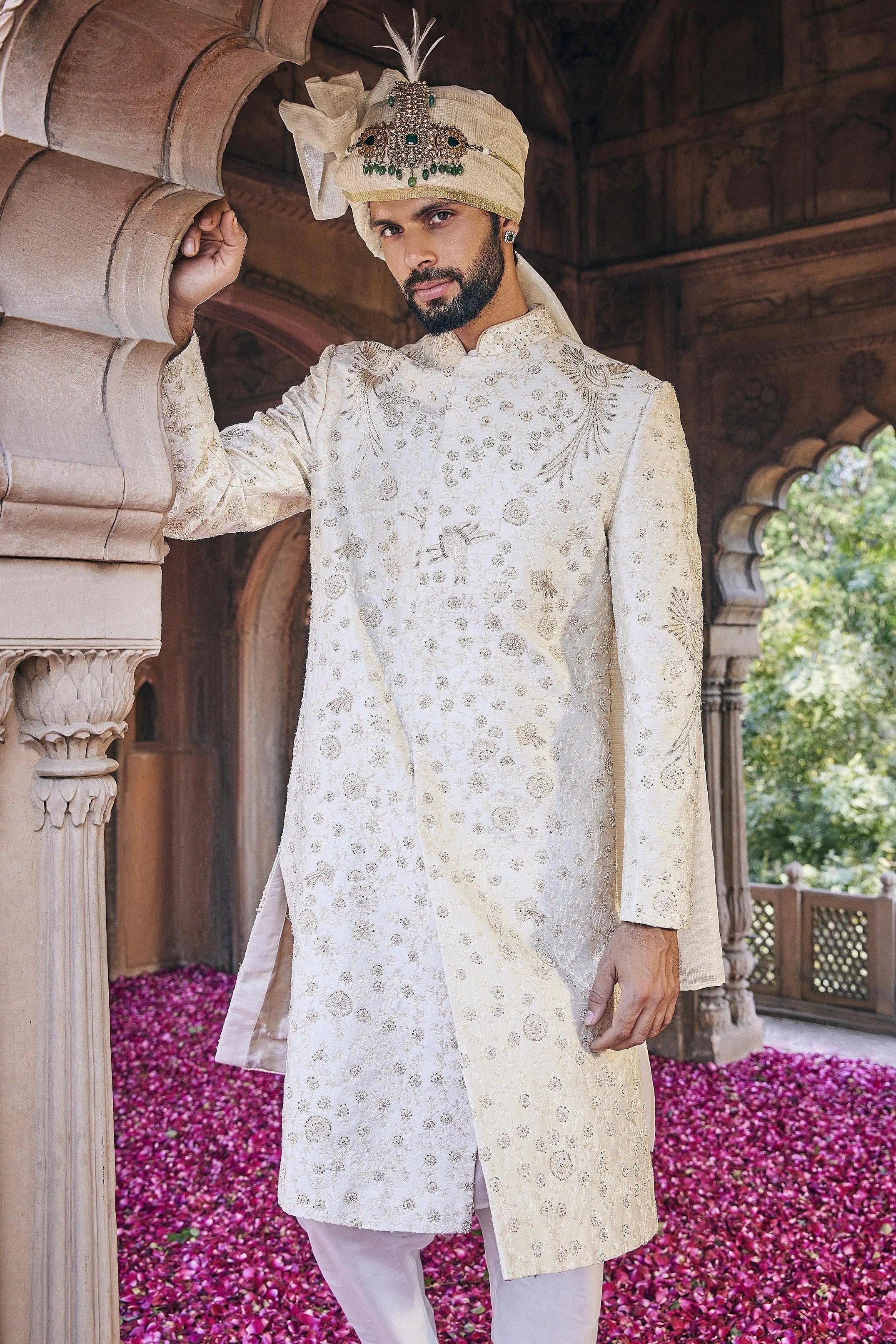 Cream Moti and Sequins Embroidered Sherwani