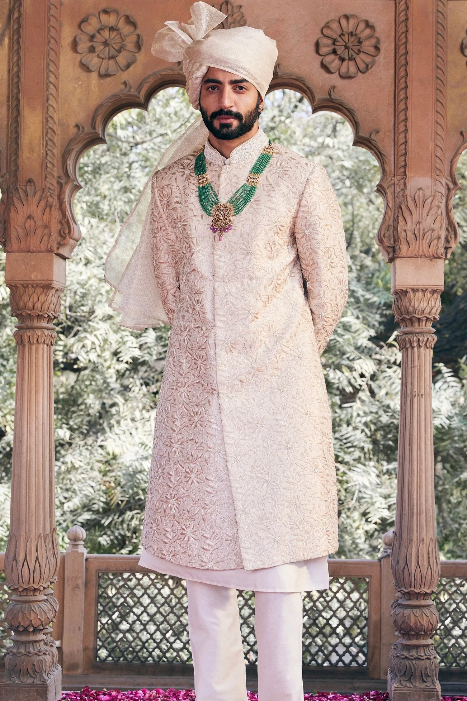 Cream Floral Hand Embroidered Sherwani with Threadwork and Moti