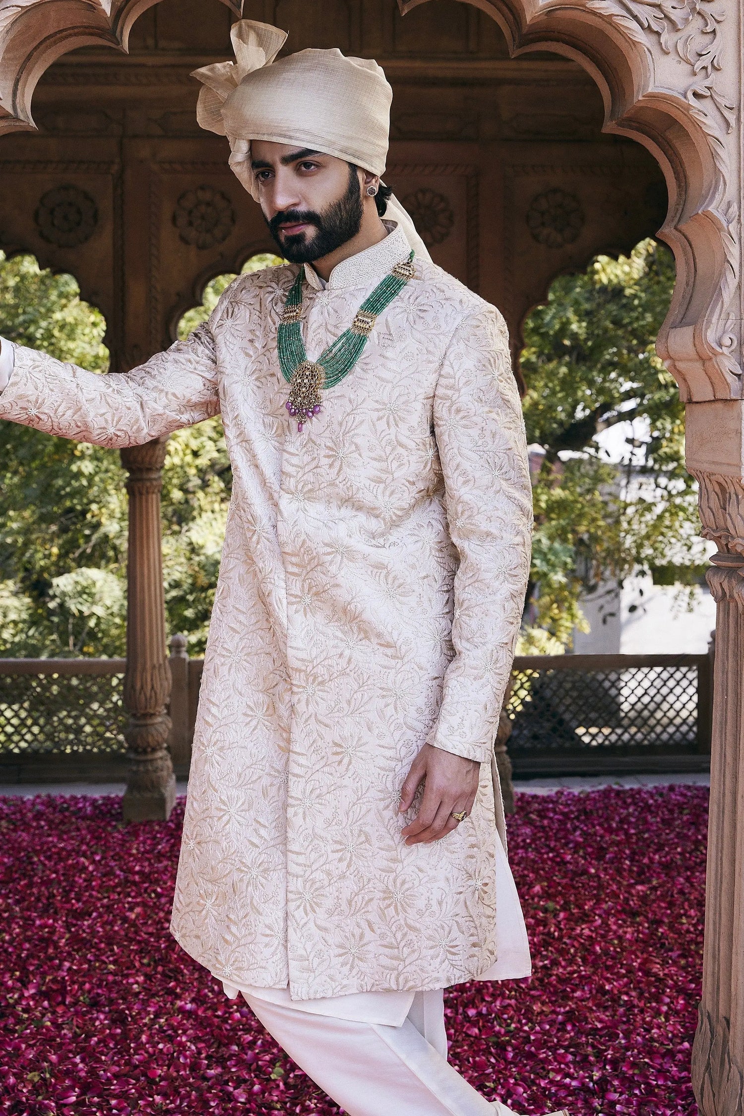 Cream Floral Hand Embroidered Sherwani with Threadwork and Moti