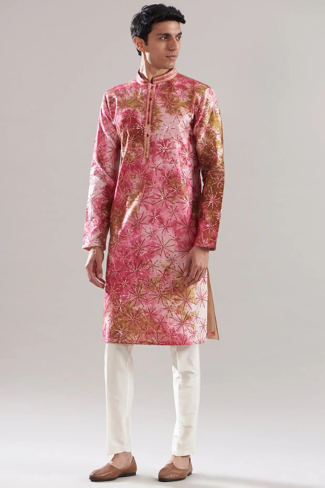 Pink Chanderi Tie-Dye Embroidered Kurta - Asuka Couture