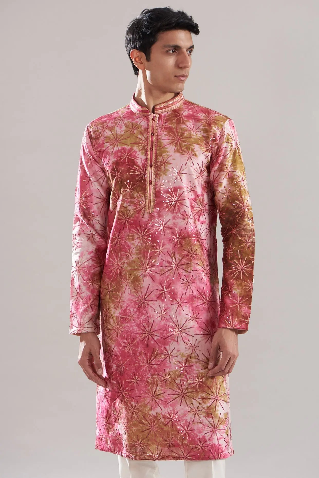 Pink Chanderi Tie-Dye Embroidered Kurta